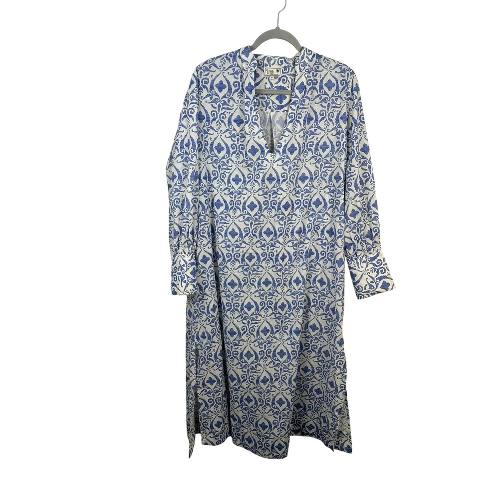 Mille Kaftan Dress Womens Medium Blue White Cotton Excellent Resort Side Slit